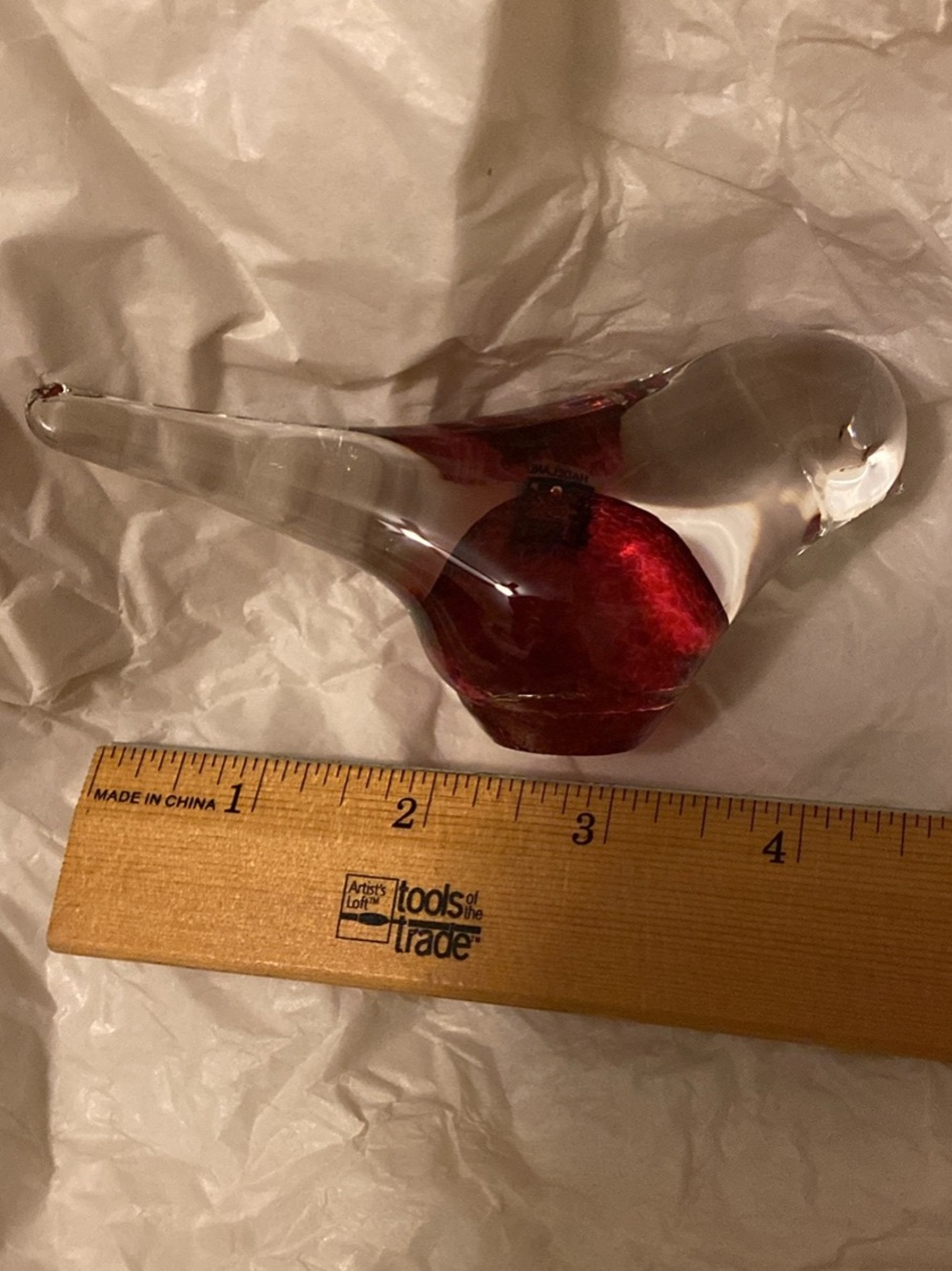 Handblown Glass Bird Paperweight with Red Accent by Edla Freij of Norway